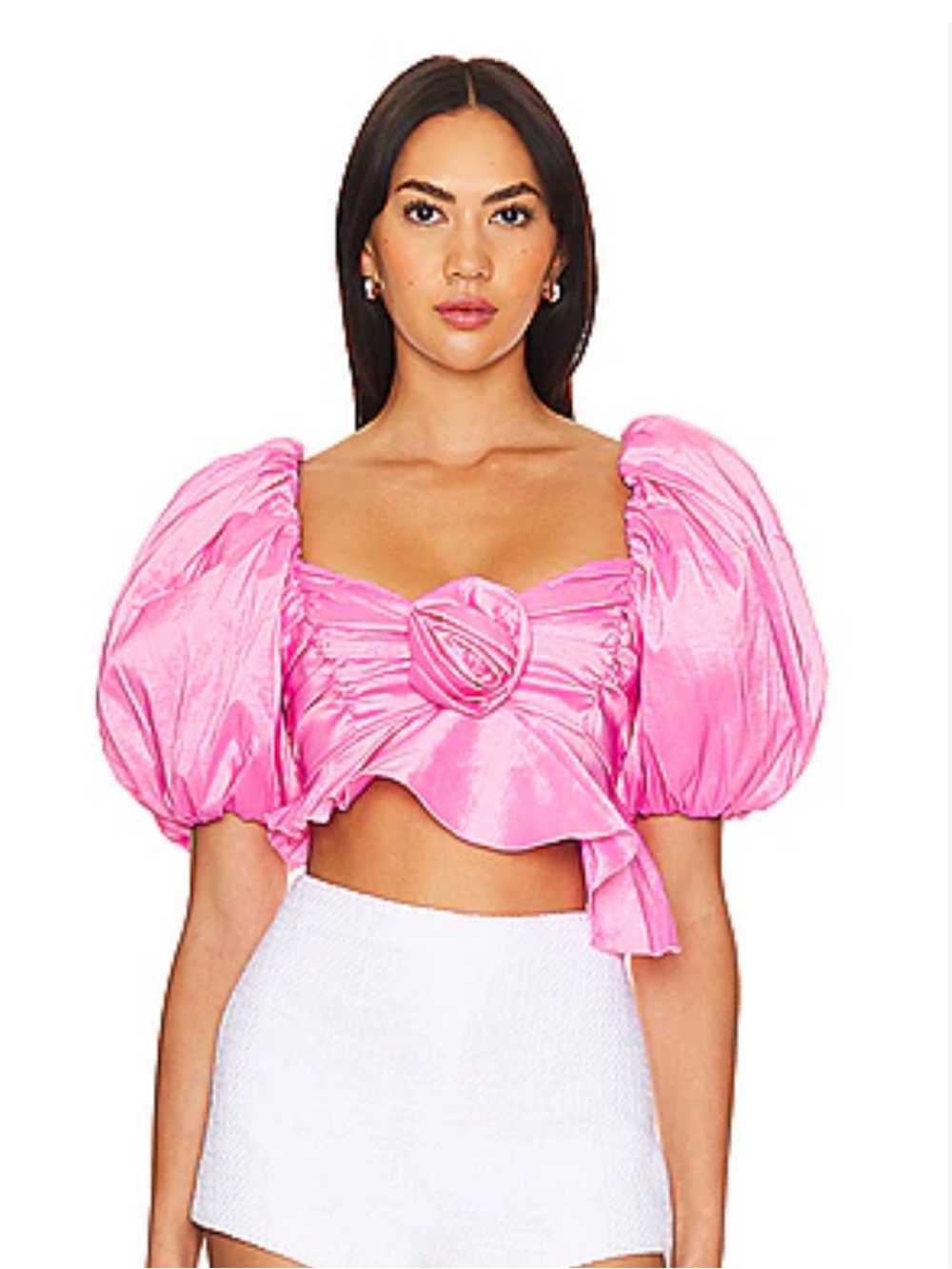 For Love And Lemons Bright Pink Puff-Sleeve Twist Crop Top